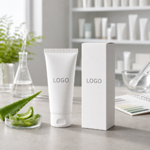 Private label aloe hand cream tube and carton with LOGO placeholder on a factory sample table