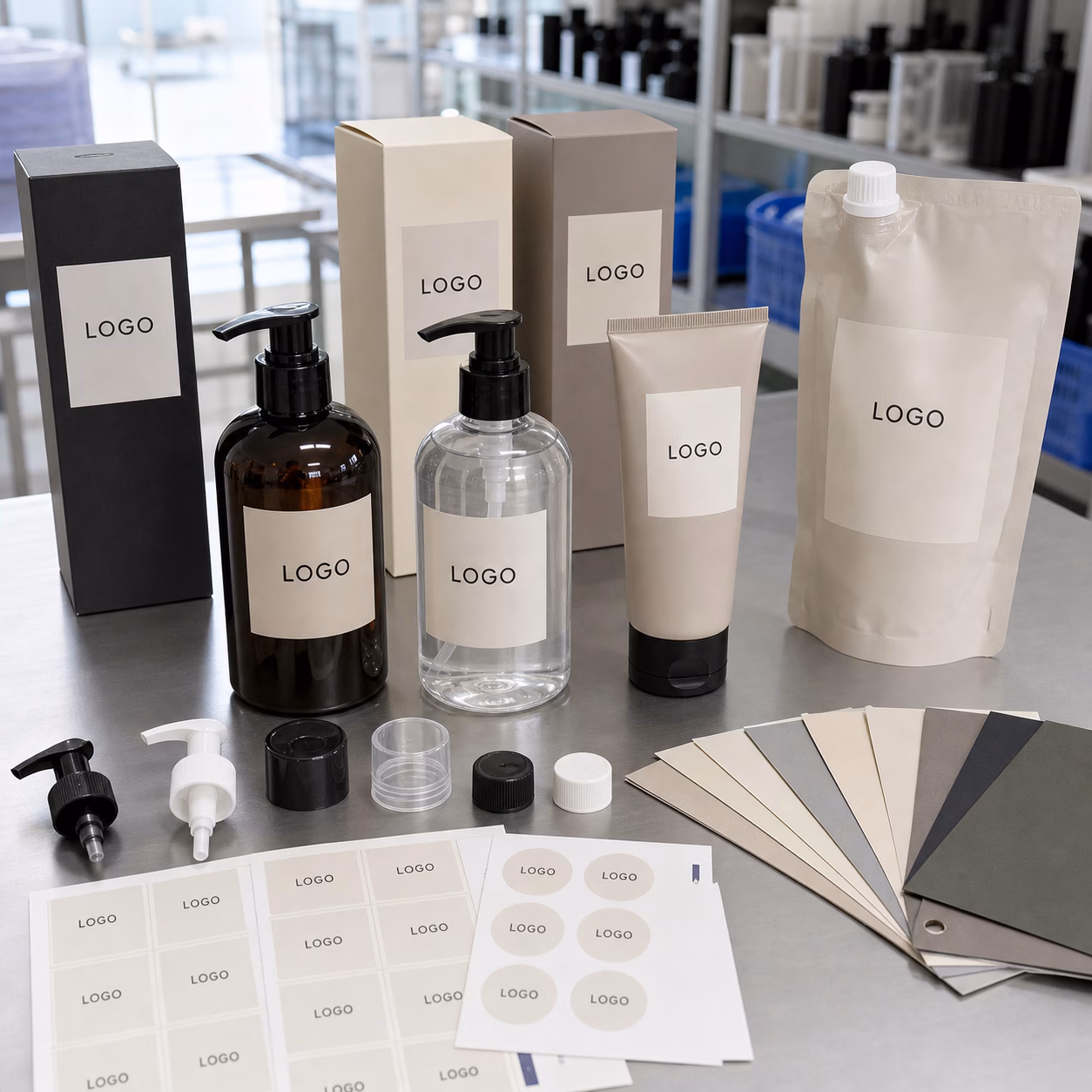 Private label black rice gel cleanser packaging options with custom logo pump bottle carton and sample review references