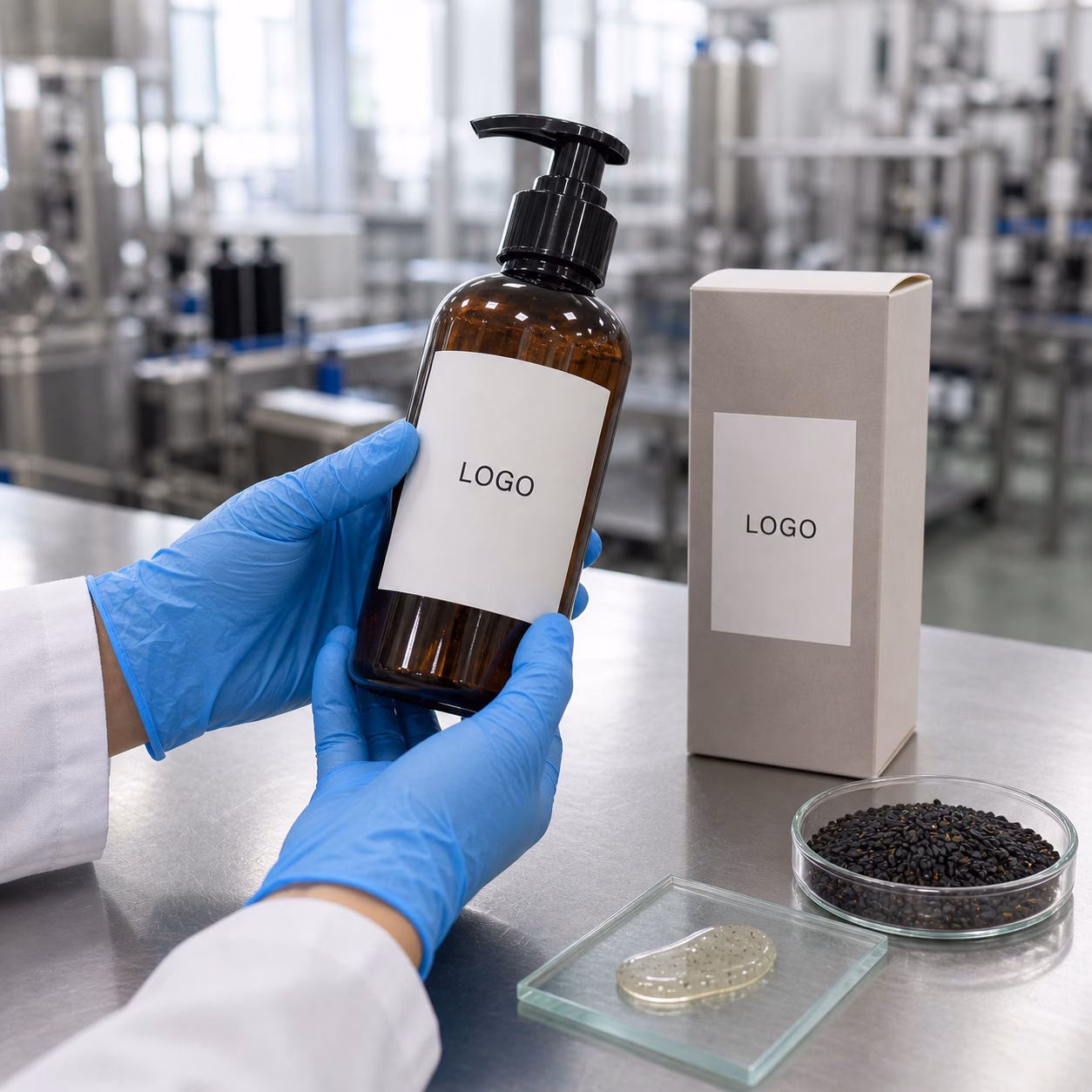 Private label black rice gel cleanser QC sample review with cleanser texture packaging and GUOCUI formula table