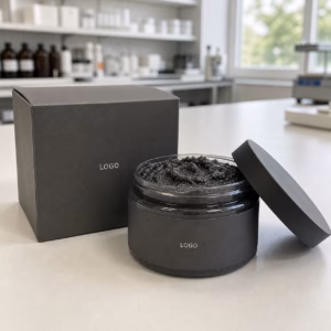 Private label coconut charcoal underarm scrub jar and carton sample for QC texture review