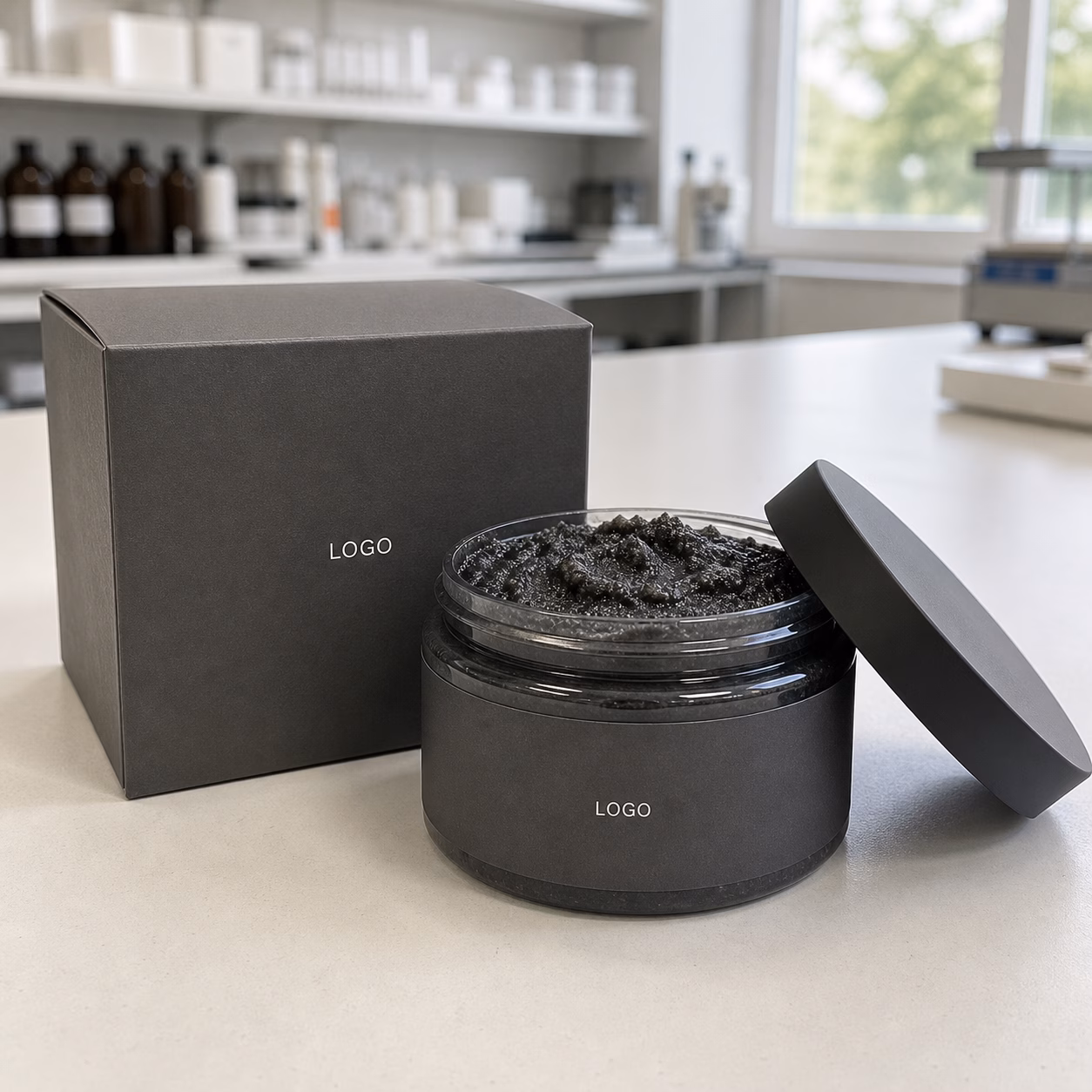 Private label coconut charcoal underarm scrub jar and carton sample for QC texture review