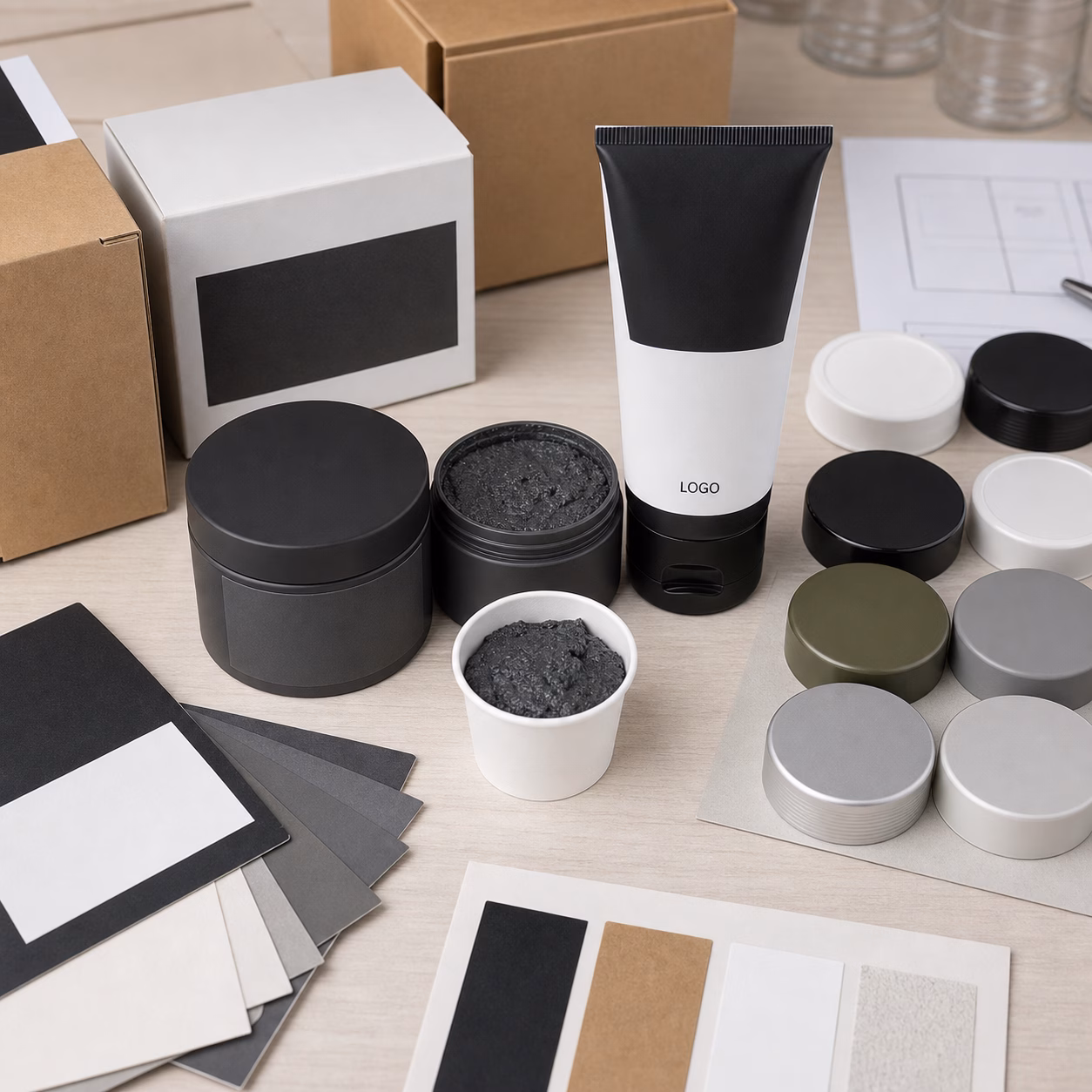 Custom jar tube carton and sample cup options for coconut charcoal body scrub OEM buyers