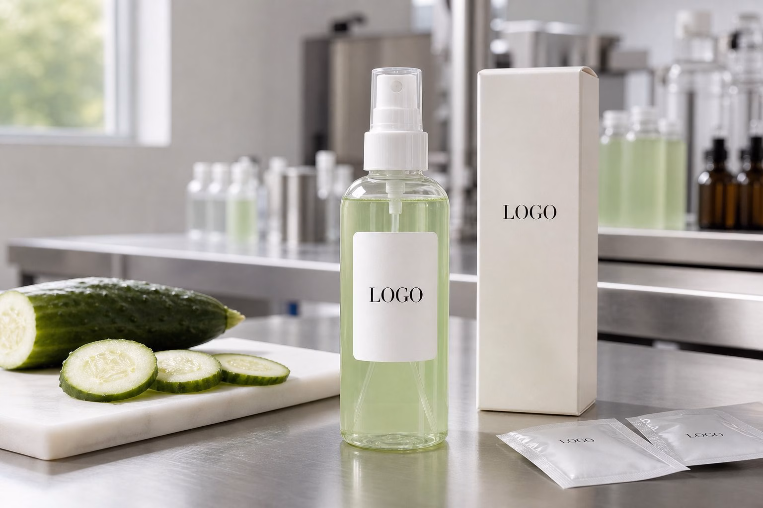 Private label cucumber hydrating facial toner OEM sample bottle with custom logo label and factory sample table