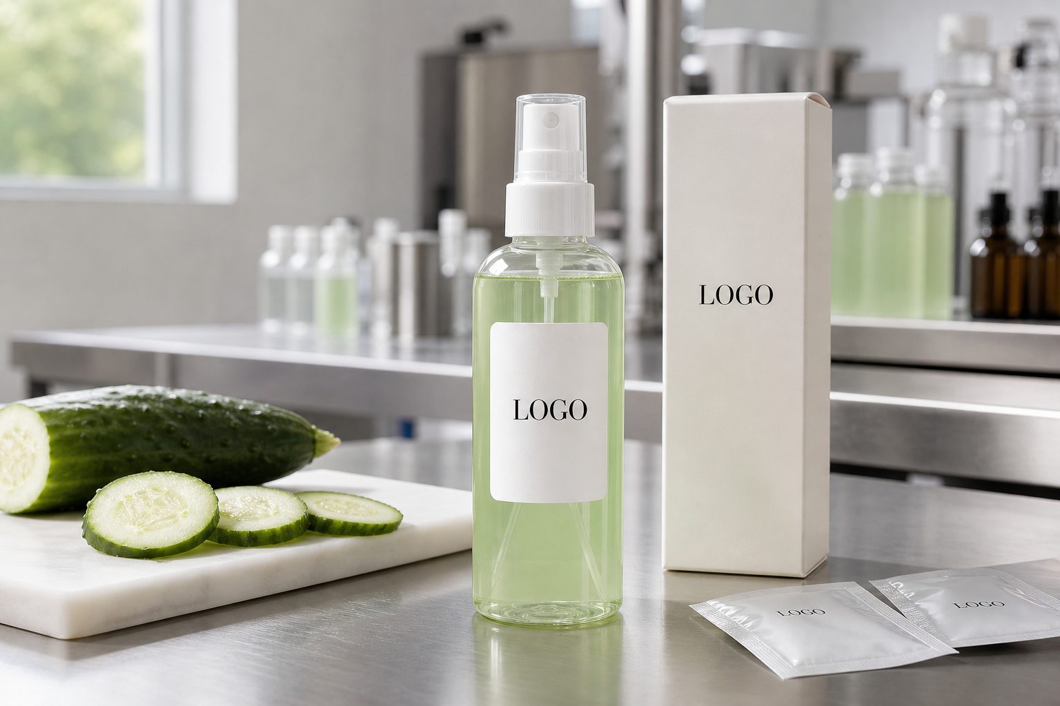 Private label cucumber hydrating facial toner OEM sample bottle with custom logo label and factory sample table