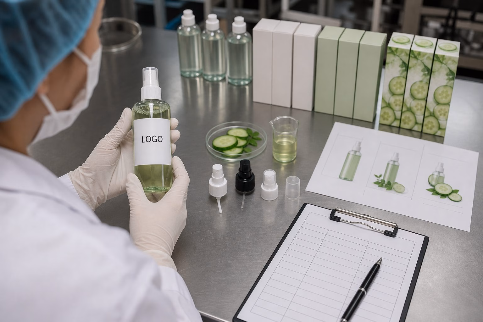 Factory QC label review for cucumber facial toner sample with custom logo packaging area