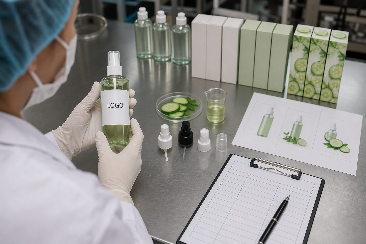 Factory QC label review for cucumber facial toner sample with custom logo packaging area