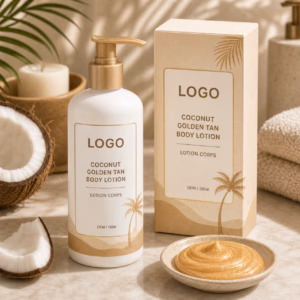 Coconut Kiss golden tan body lotion bottle sample for private label packaging review