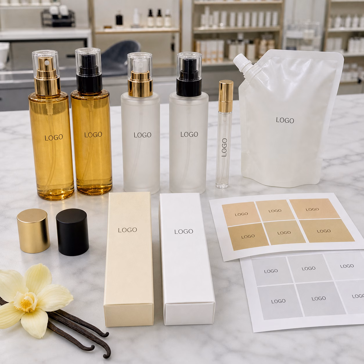 Private label golden vanilla body fragrance mist packaging options with custom logo label and carton references for GUOCUI sample review