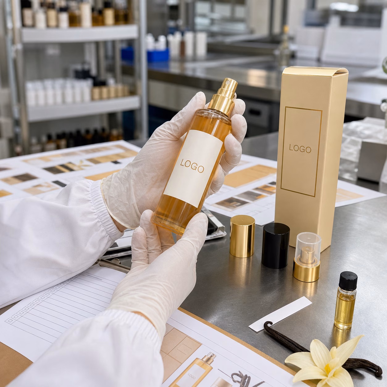 Private label golden vanilla body fragrance mist QC sample review scene with spray bottle packaging and GUOCUI export check details