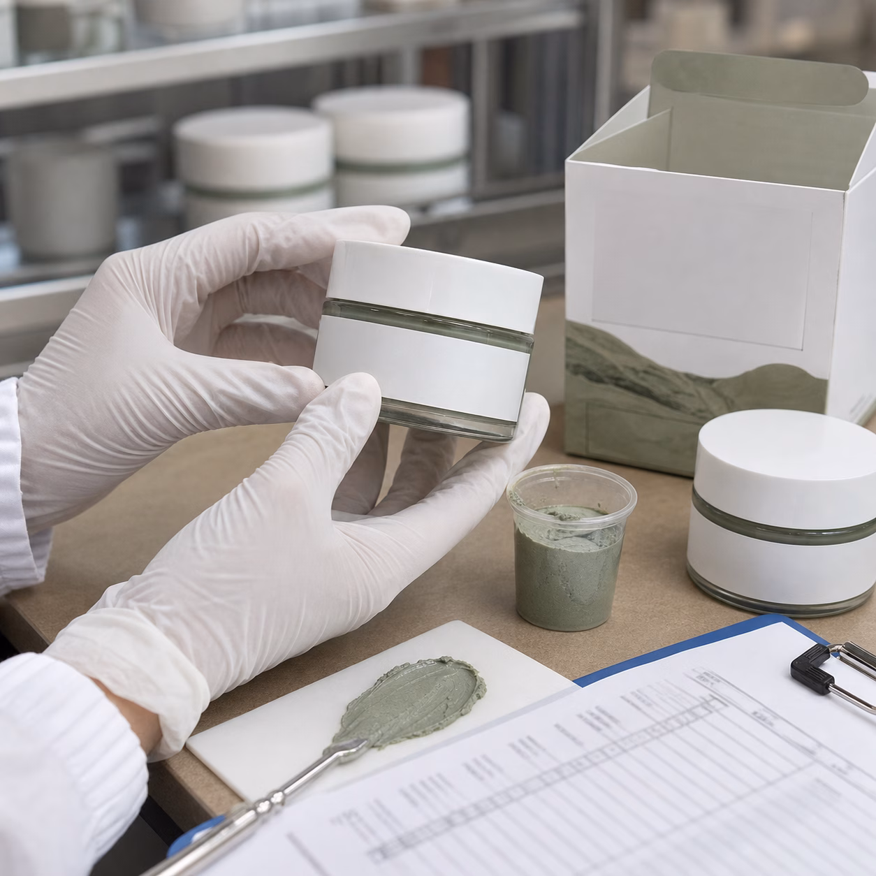 Factory QC label and texture check for green tea volcanic clay facial mask OEM project