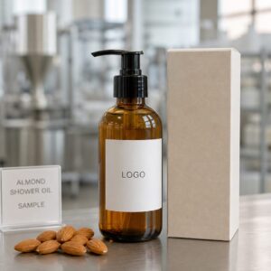 Private label almond shower oil OEM sample bottle with custom logo label and factory sample table