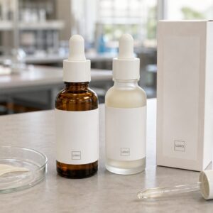 Private label bakuchiol moisturizing serum sample with custom logo serum bottles and cream texture on a factory sample table