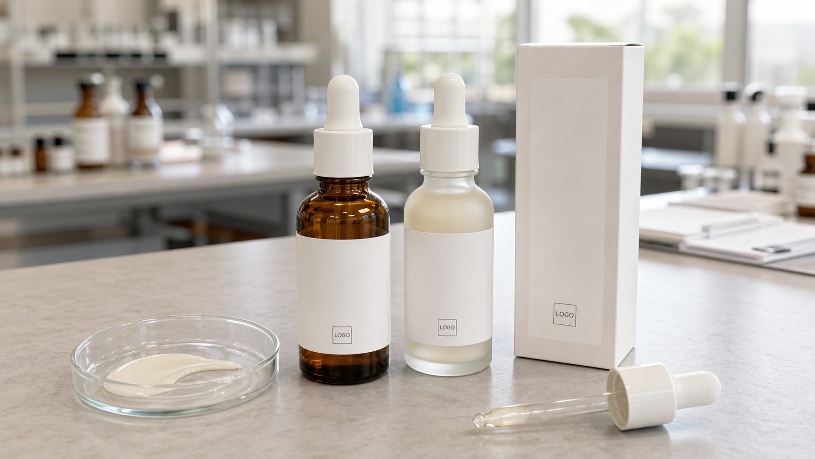 Private label bakuchiol moisturizing serum sample with custom logo serum bottles and cream texture on a factory sample table