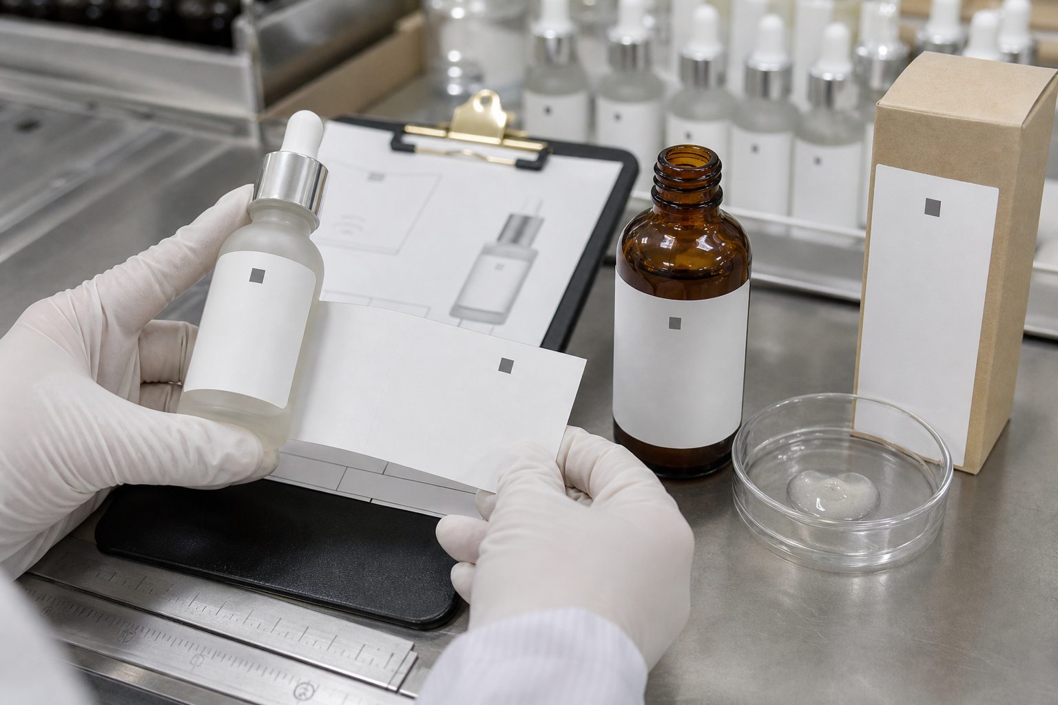 Factory QC sample review for private label bakuchiol moisturizing serum bottle label and texture before production