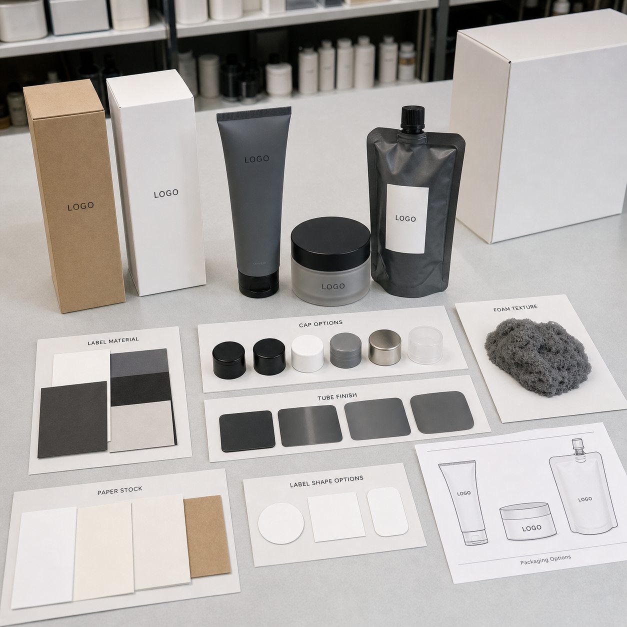 Bamboo charcoal foaming facial mask packaging options with tube jar refill pouch cartons caps and label swatches