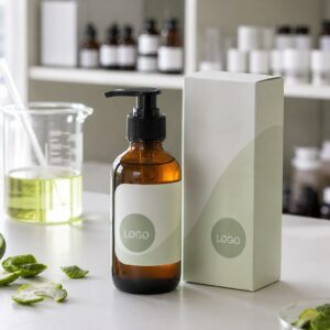 Private label bergamot comfort body oil bottle and carton sample on a GUOCUI factory sample table
