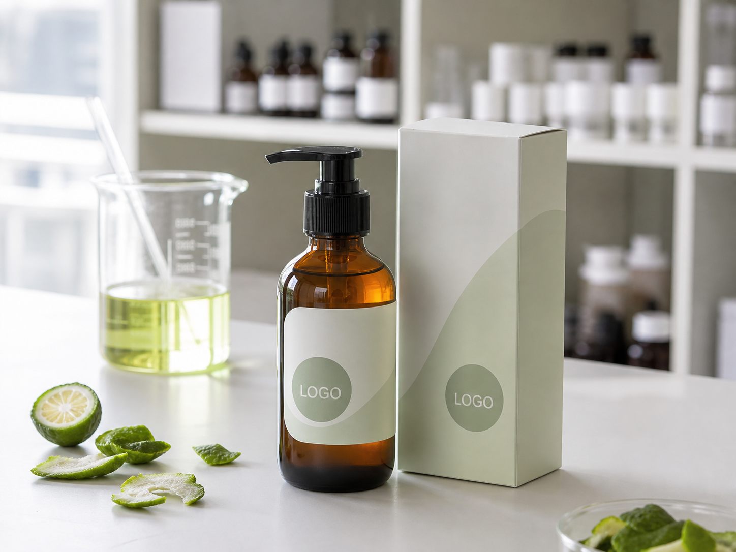 Private label bergamot comfort body oil bottle and carton sample on a GUOCUI factory sample table