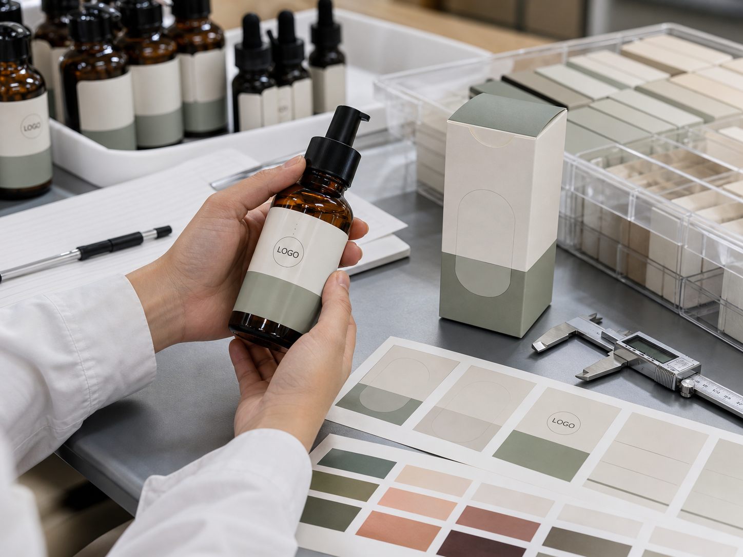 Factory QC label check for bergamot comfort body oil bottle and carton samples before private label production