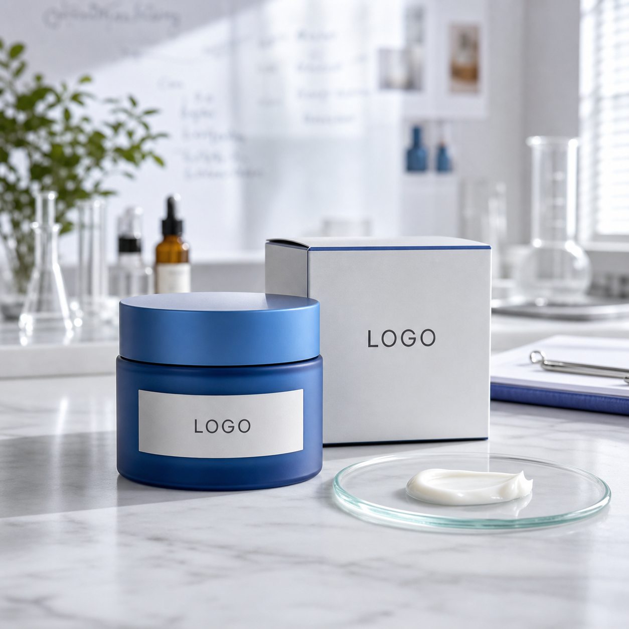 Private label blue jar hydrating peptide cream sample with blank carton custom logo packaging area and cream texture on lab table