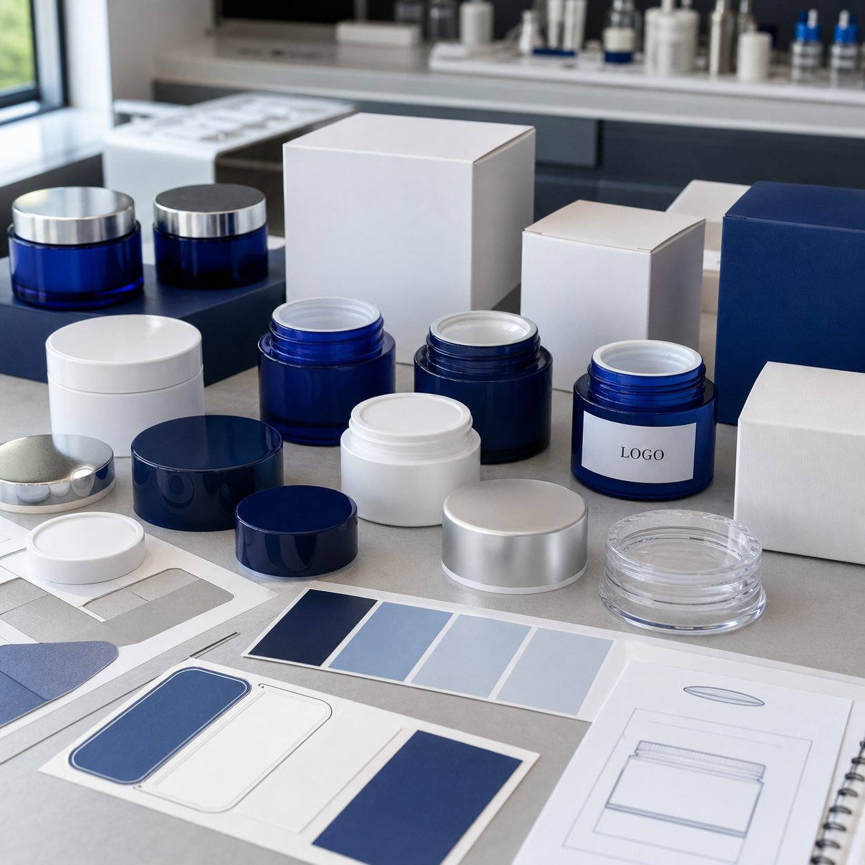 Blue and white cream jars blank cartons caps and label swatches for custom logo hydrating peptide cream packaging