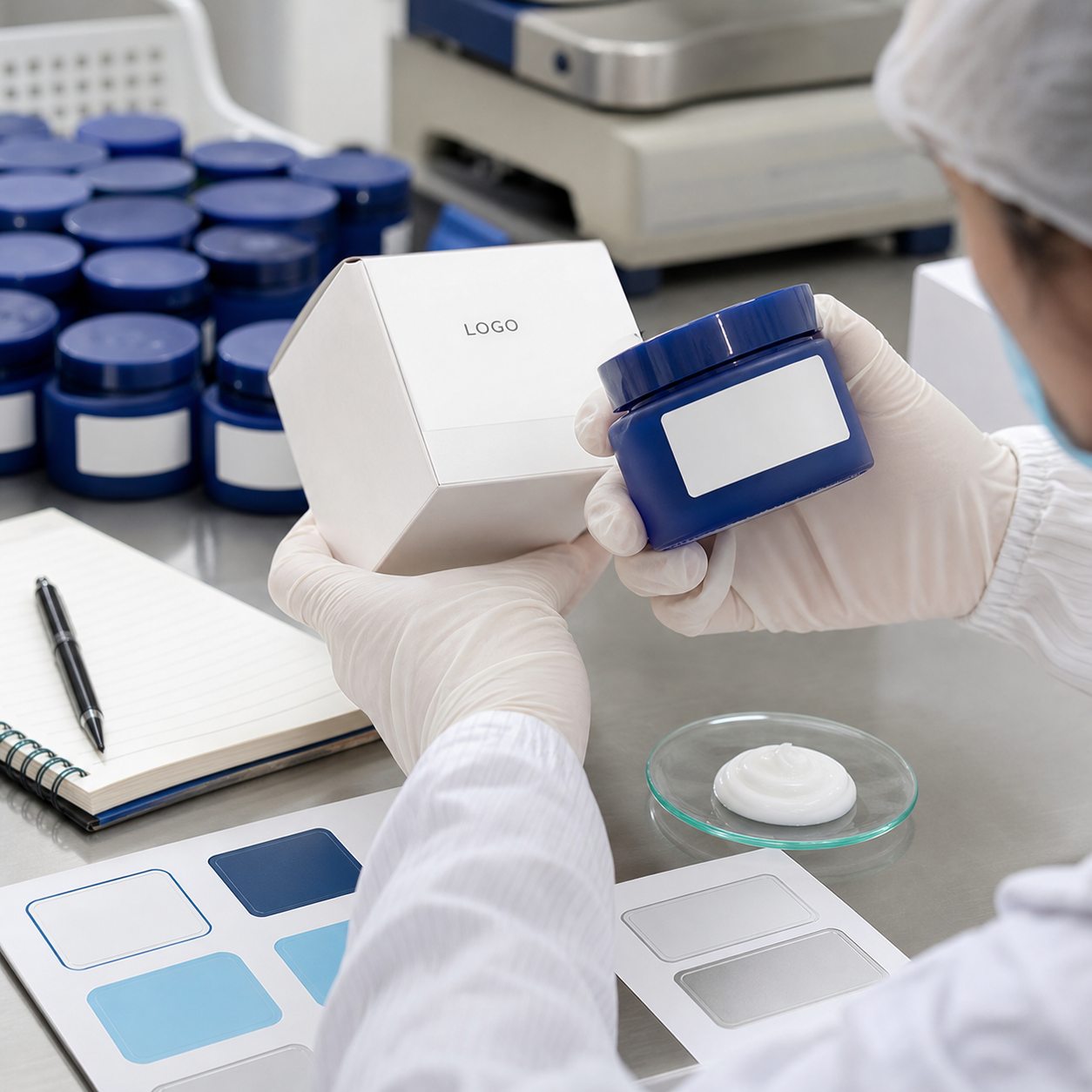 Factory QC sample review for private label blue jar hydrating peptide cream with blank jar carton label swatches and texture dish