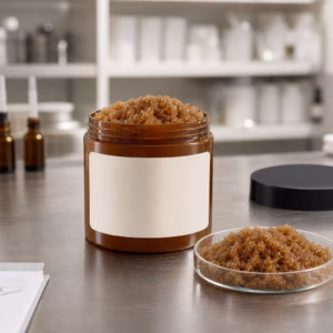 Private label brown sugar body polish scrub sample jar and tube on a factory sample table for custom logo label review