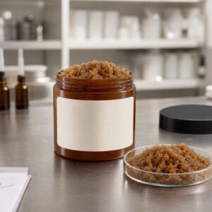 Private label brown sugar body polish scrub sample jar and tube on a factory sample table for custom logo label review