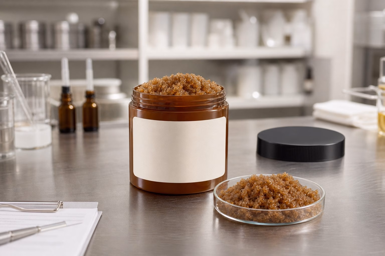 Private label brown sugar body polish scrub sample jar and tube on a factory sample table for custom logo label review
