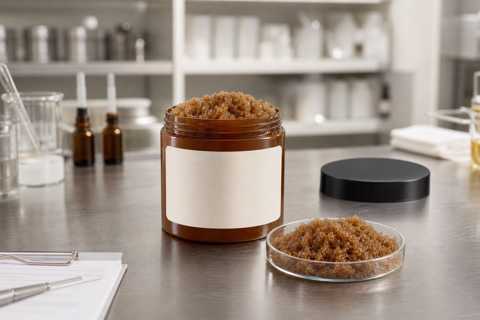 Private label brown sugar body polish scrub sample jar and tube on a factory sample table for custom logo label review
