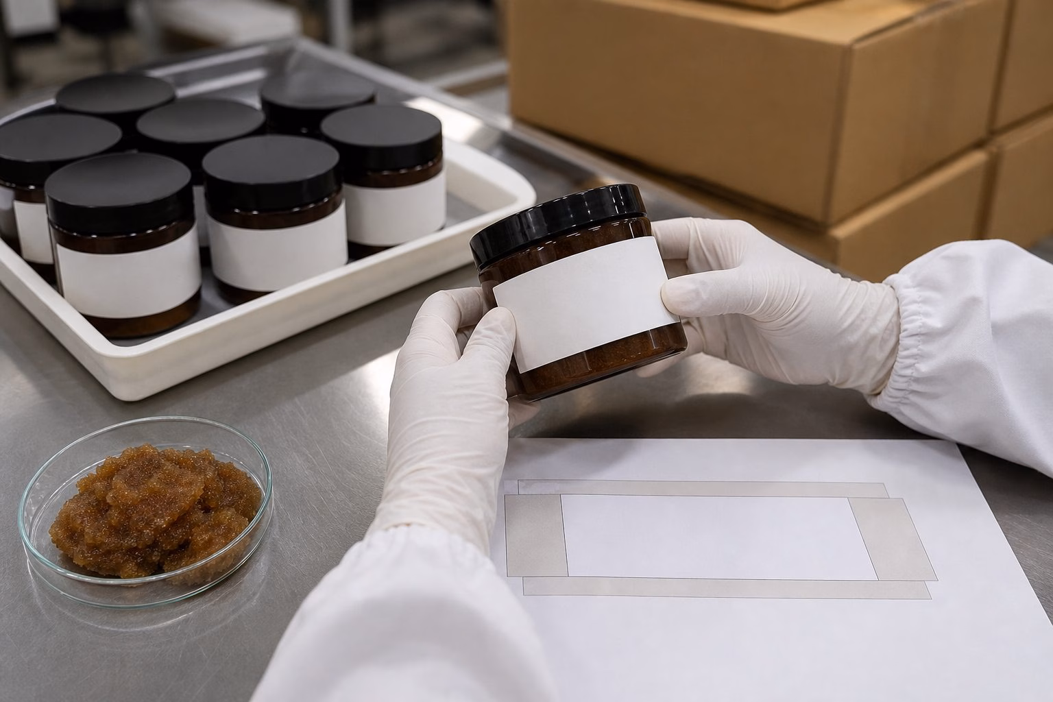 Factory QC label review for private label brown sugar body polish scrub jars before packing