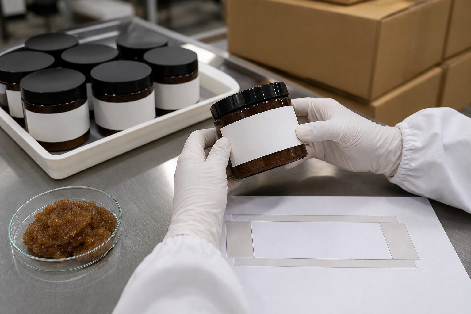 Factory QC label review for private label brown sugar body polish scrub jars before packing