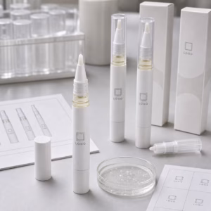 Private label ceramic tip cuticle oil pen sample with custom logo pen packaging and clear oil texture on factory sample table