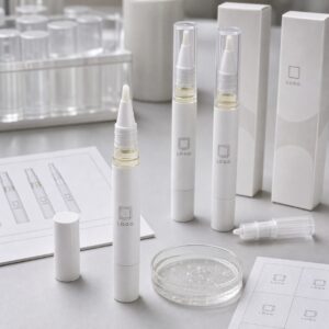 Private label ceramic tip cuticle oil pen sample with custom logo pen packaging and clear oil texture on factory sample table