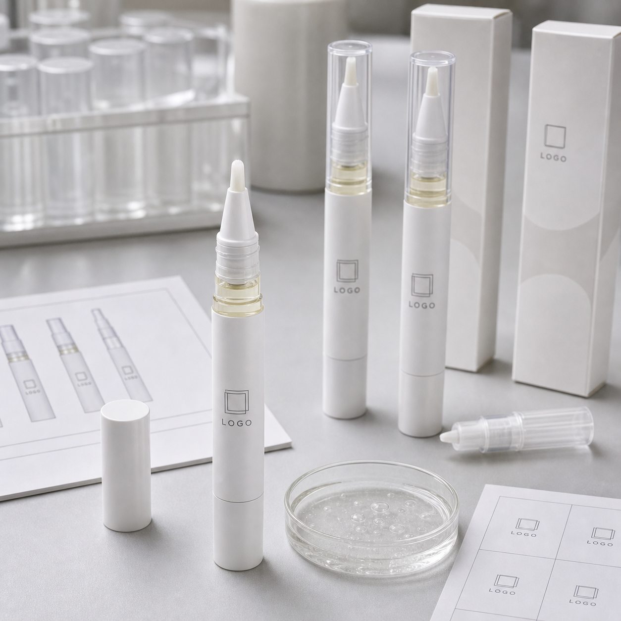 Private label ceramic tip cuticle oil pen sample with custom logo pen packaging and clear oil texture on factory sample table