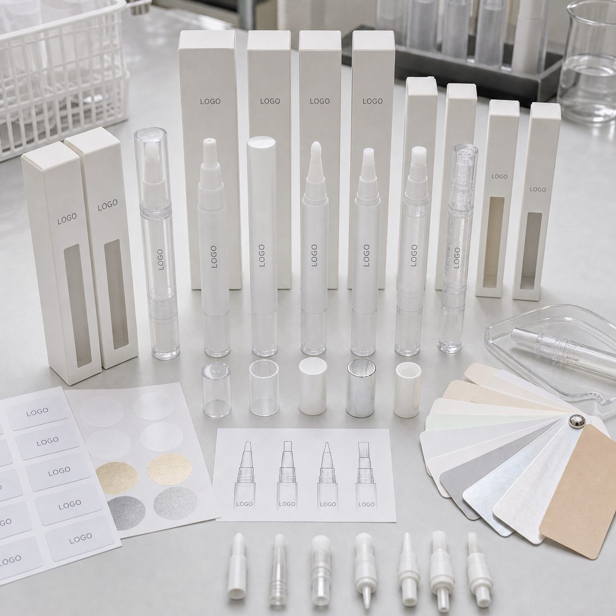 Custom logo ceramic tip cuticle oil pen packaging options with pen bodies caps cartons label swatches and applicator components