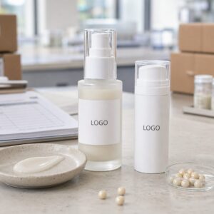 Private label ceramide milky facial serum frosted pump bottle and airless sample on a factory sample table