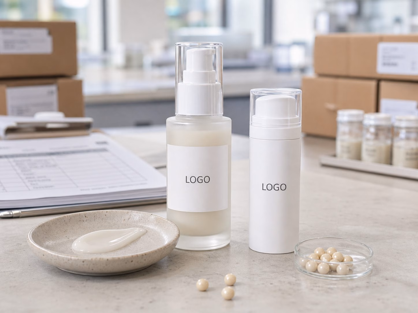 AI illustration of unbranded milky serum pump samples for private label packaging discussion