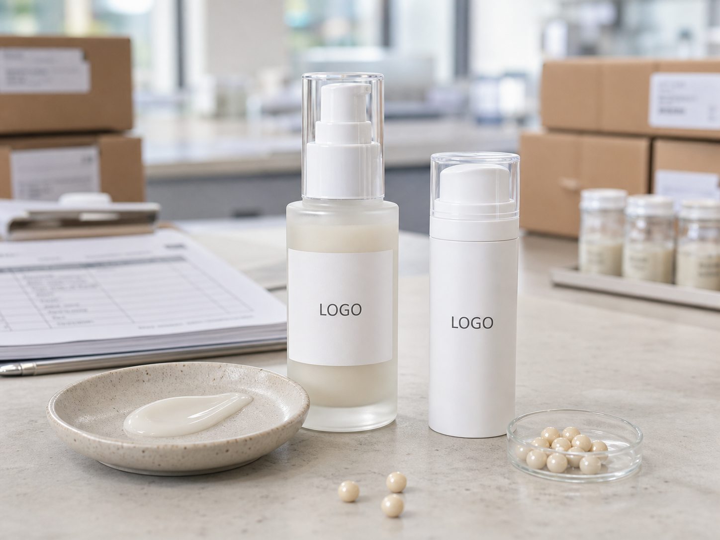 Private label ceramide milky facial serum frosted pump bottle and airless sample on a factory sample table