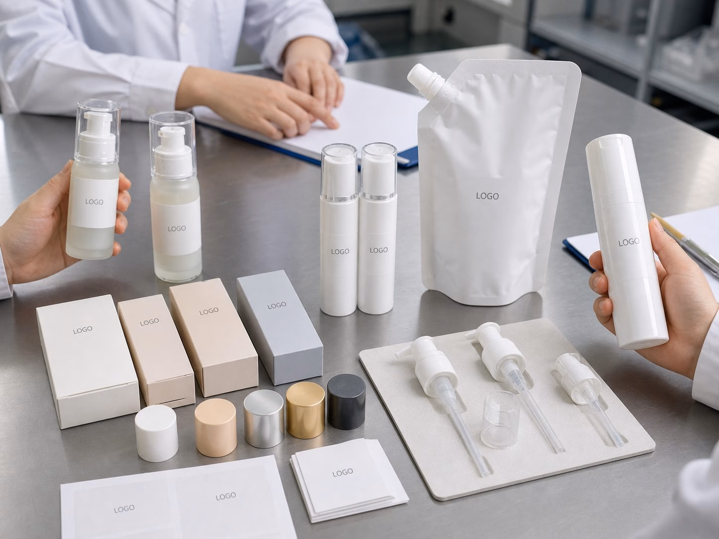 AI illustration of neutral pump bottle, airless bottle, carton, label, and refill-pouch options for private label milky serum