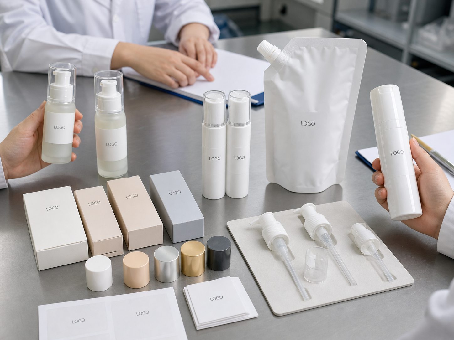 Custom logo facial serum packaging options with pump bottle airless bottle refill pouch cartons label sheets and cap swatches