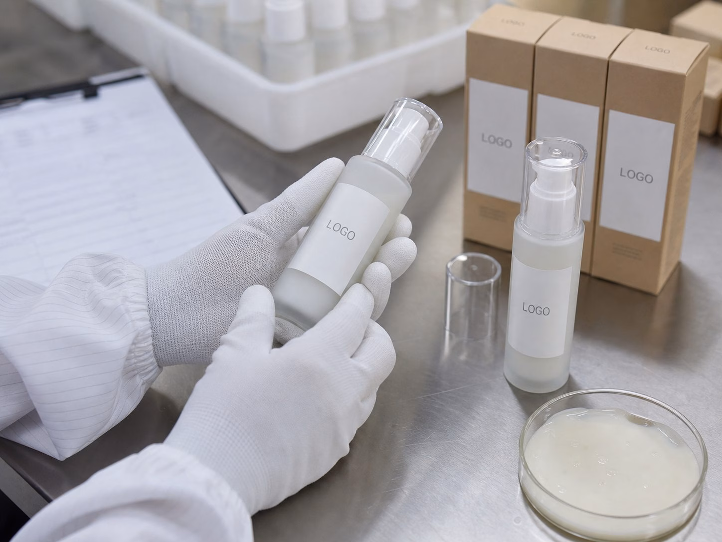 AI illustration of a gloved ceramide milky serum sample and label-area review with neutral cartons