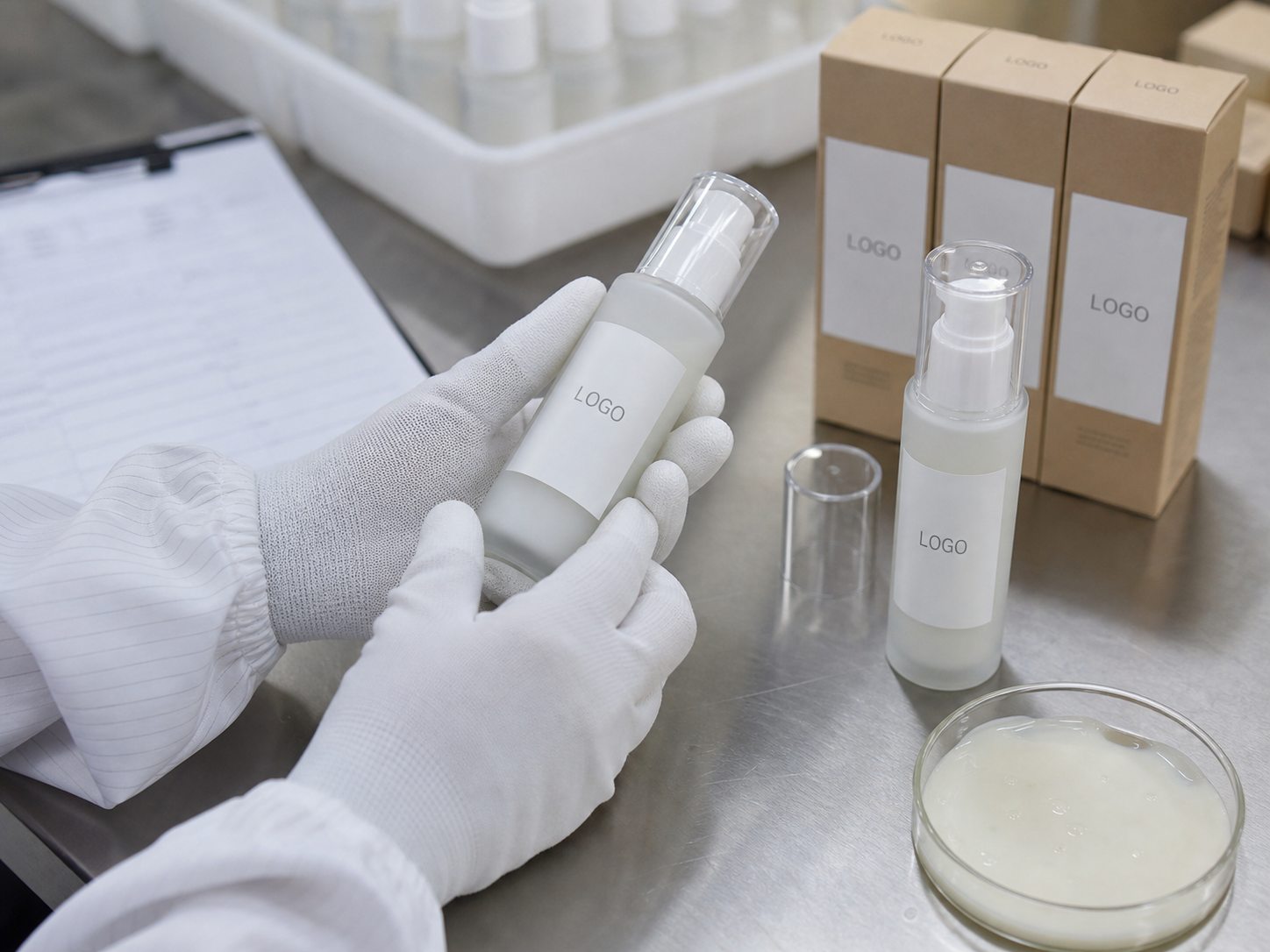 Factory QC label and pump review for private label ceramide milky facial serum before packing