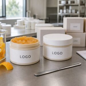 Private label citrus body polish scrub sample jar on a factory table for custom logo label review