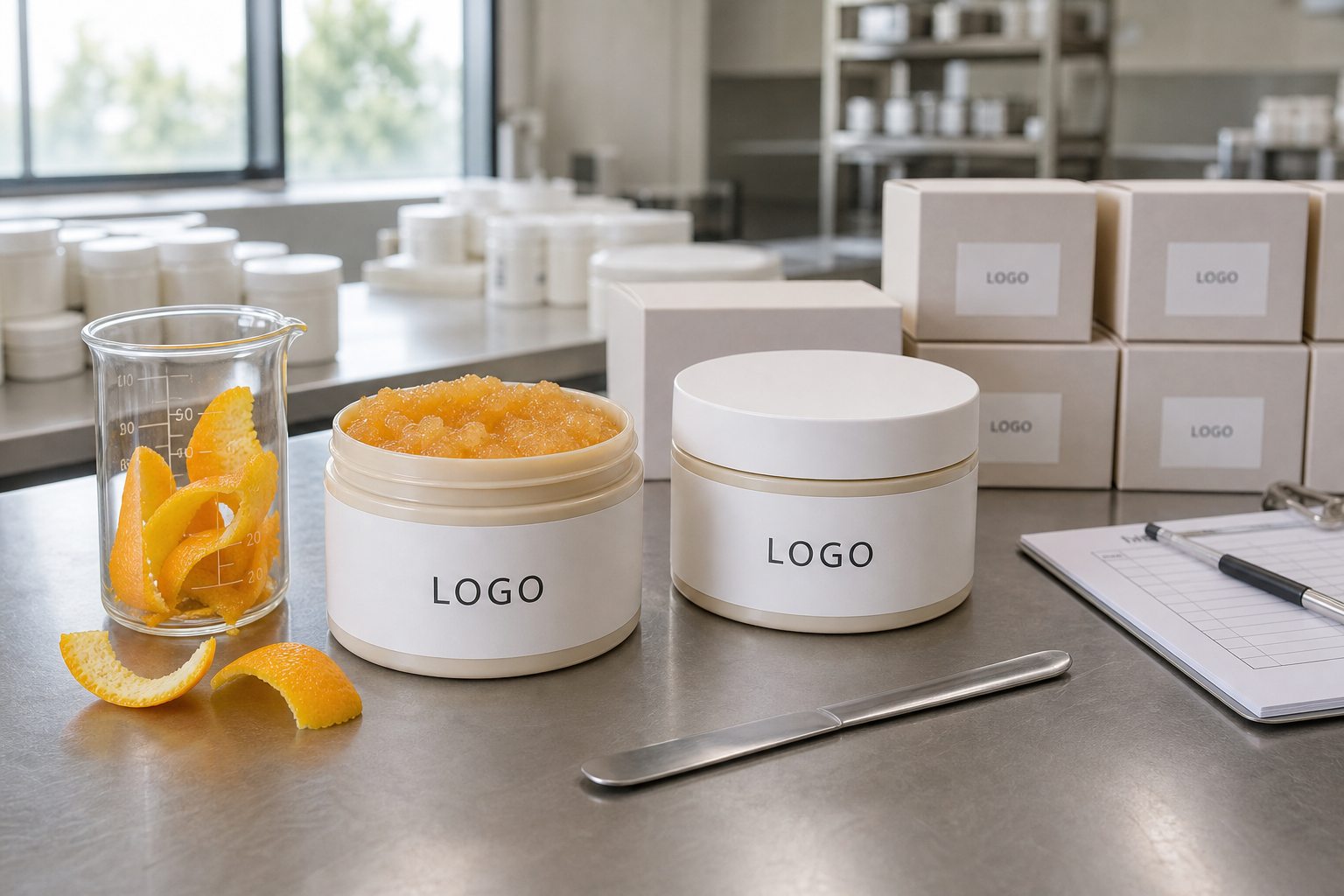 Private label citrus body polish scrub sample jar on a factory table for custom logo label review