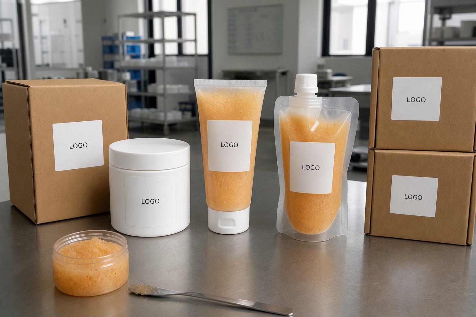 Custom logo citrus body scrub packaging options with jar tube refill pouch and cartons for OEM buyers