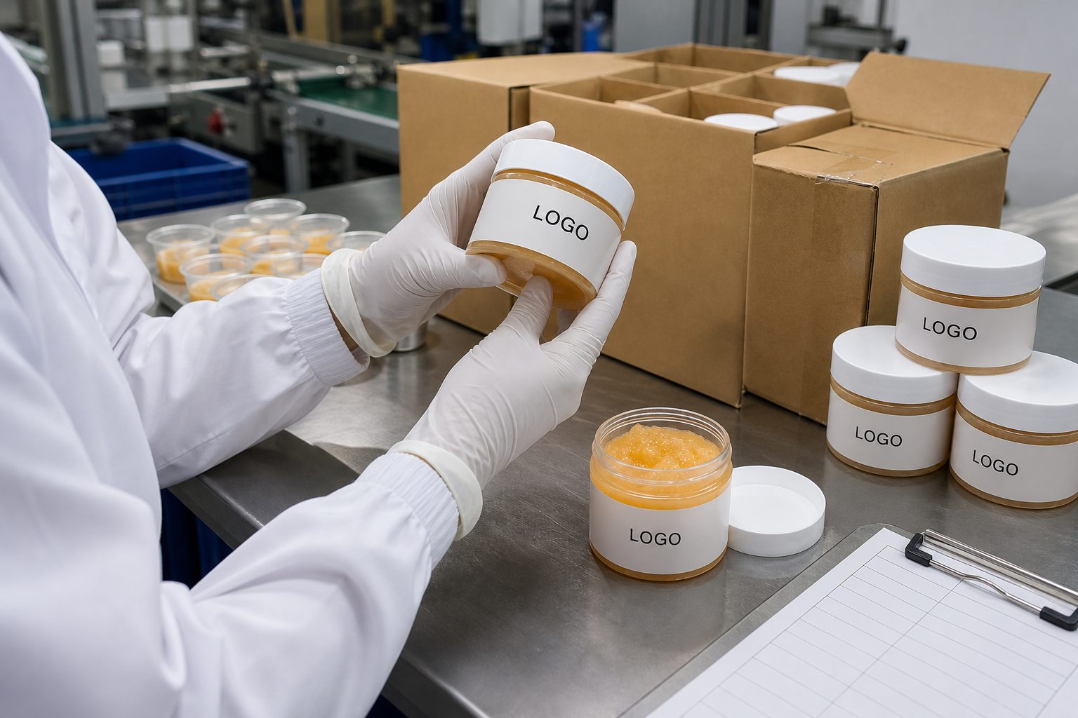 Factory QC label review for private label citrus body polish scrub jars before packing