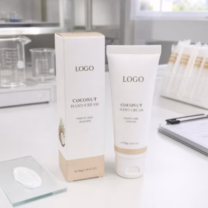 Private label coconut comfort hand cream tube and carton sample with custom logo packaging area on a GUOCUI lab table