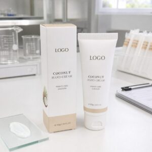 Private label coconut comfort hand cream tube and carton sample with custom logo packaging area on a GUOCUI lab table