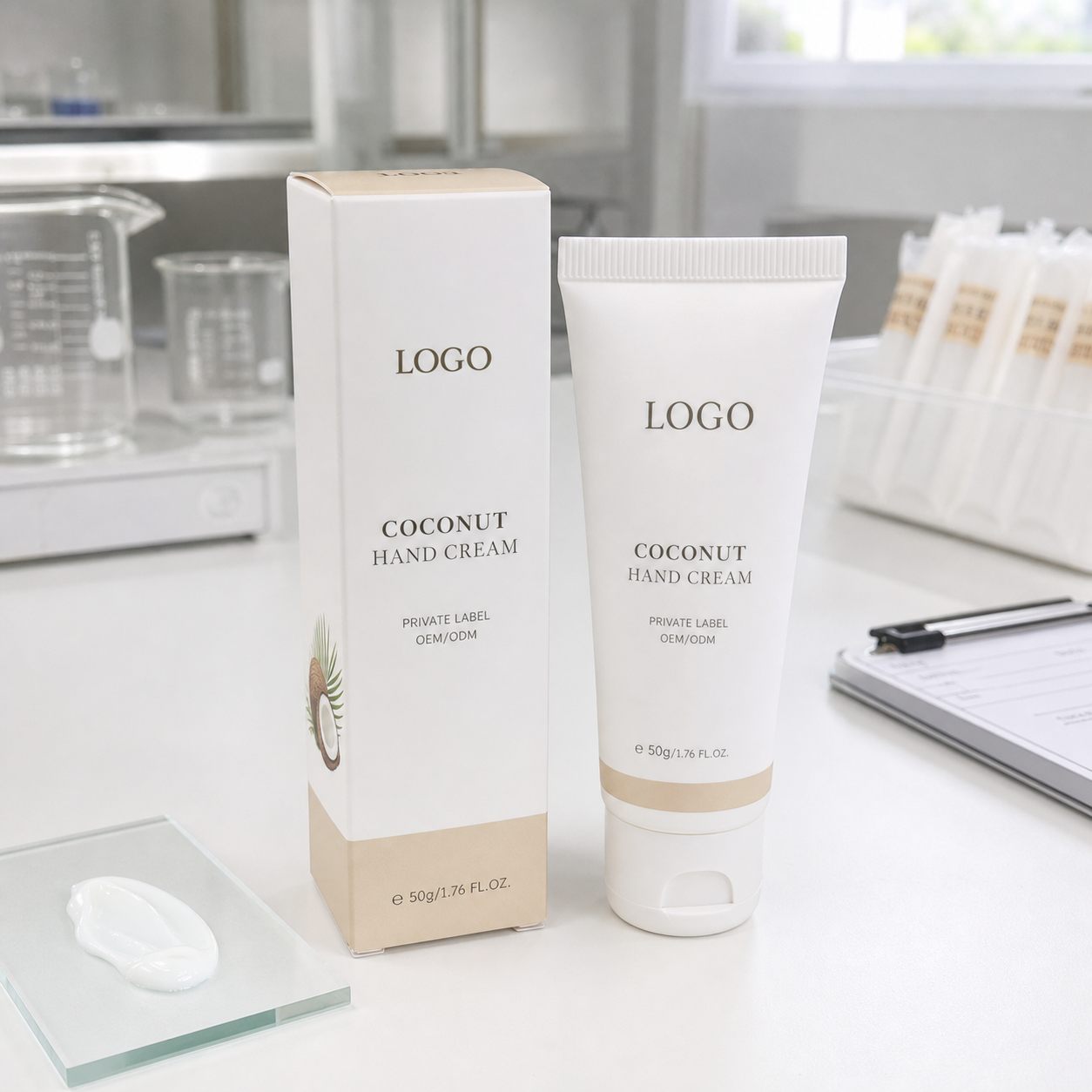 Private label coconut comfort hand cream tube and carton sample with custom logo packaging area on a GUOCUI lab table