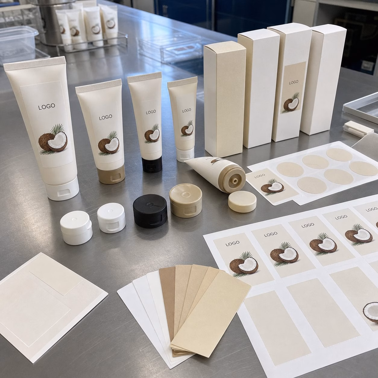 Tube sizes cartons cap options label proofs and coconut color swatches for custom logo coconut hand cream